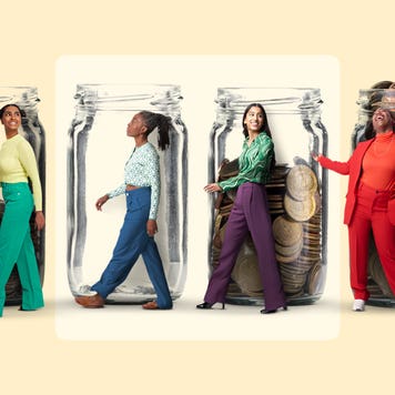 Unrealistic portrayal of four women in front of life-sized coin collecting Mason jars
