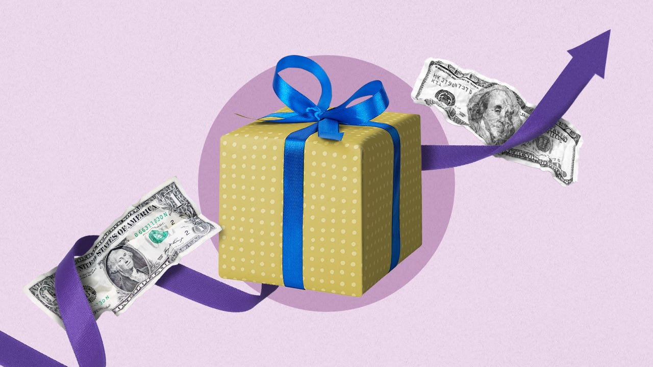 Illustration of gifts and money for Bankrate's holiday inflation essentials