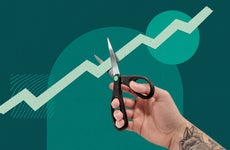 Non realistic image of a hand reaching out with scissors to cut the line of an upward trending line graph