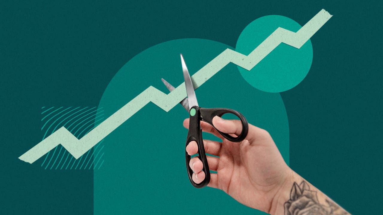 Non realistic image of a hand reaching out with scissors to cut the line of an upward trending line graph