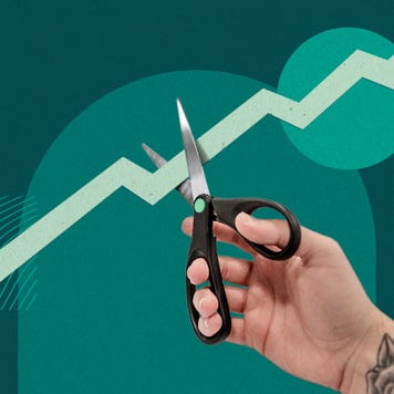 Non realistic image of a hand reaching out with scissors to cut the line of an upward trending line graph