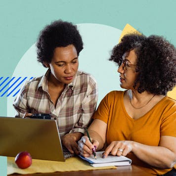 design image of two women looking at a laptop and with a pen and notepad