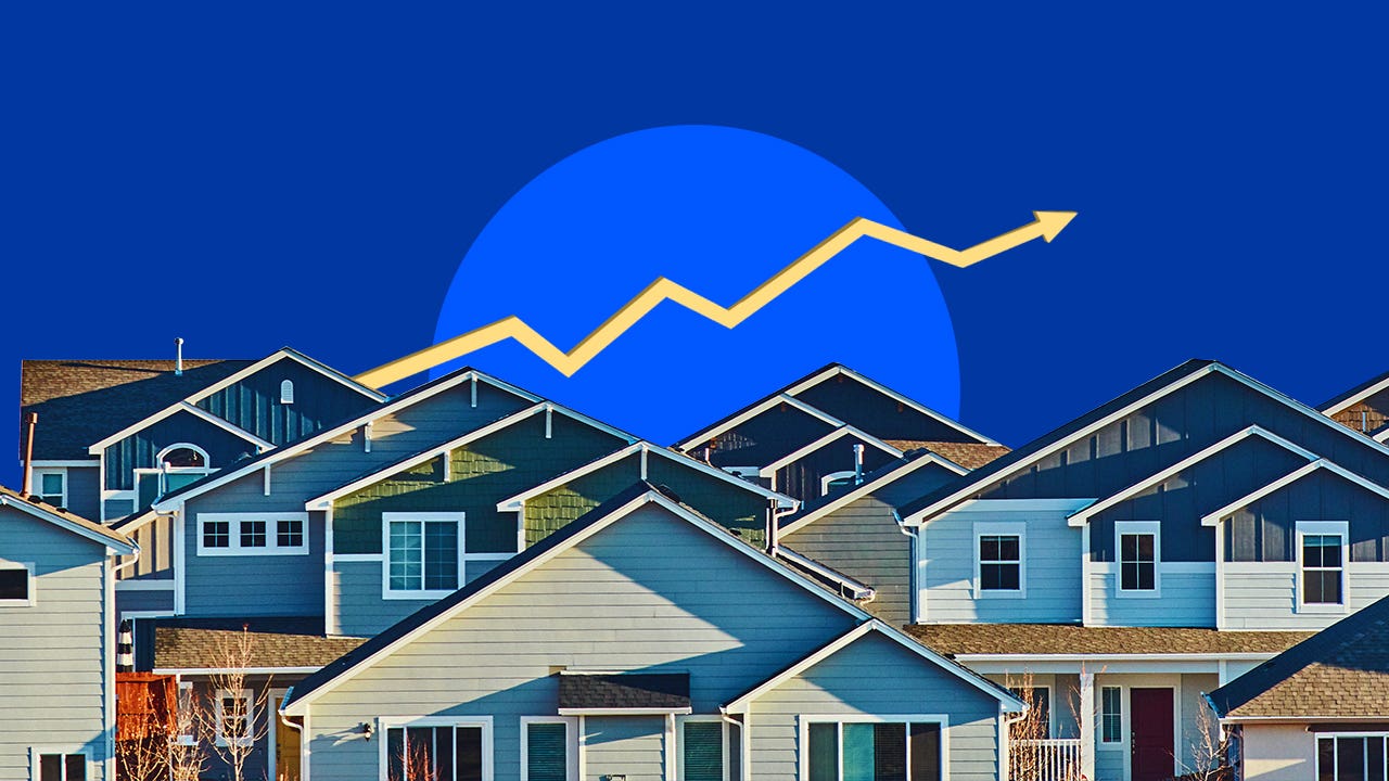 Image of a house rooftops with an illustrated arrow pointing upward