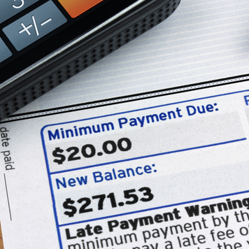 A credit card statement highlighting "Minimum Payment Due, Due Date, and New Balance," with an LCD touchscreen calculator.