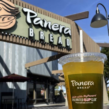 Panera Bread mango yuzu citrus charged lemonade is displayed at a Panera Bread restaurant
