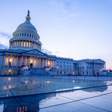 The US Capitol Building at dusk.
