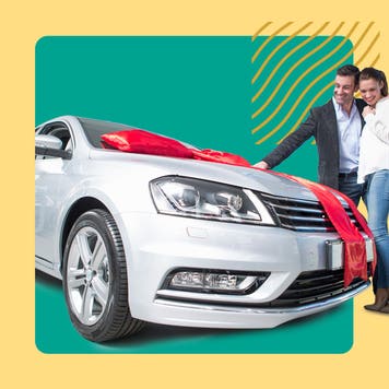 Image of a sedan with a large red ribbon. A couple stands beside it while hugging each other. Image is overlaid on a green square with a yellow background.