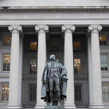 The US Treasury Department building is seen in Washington, DC