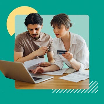 design image of a couple looking at a computer, the woman holds a credit card in her hand