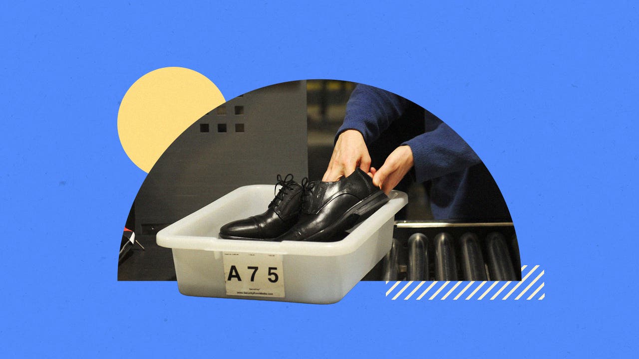 Man putting shoes in TSA boarding bin