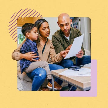 design image including a family looking at a white piece of paper