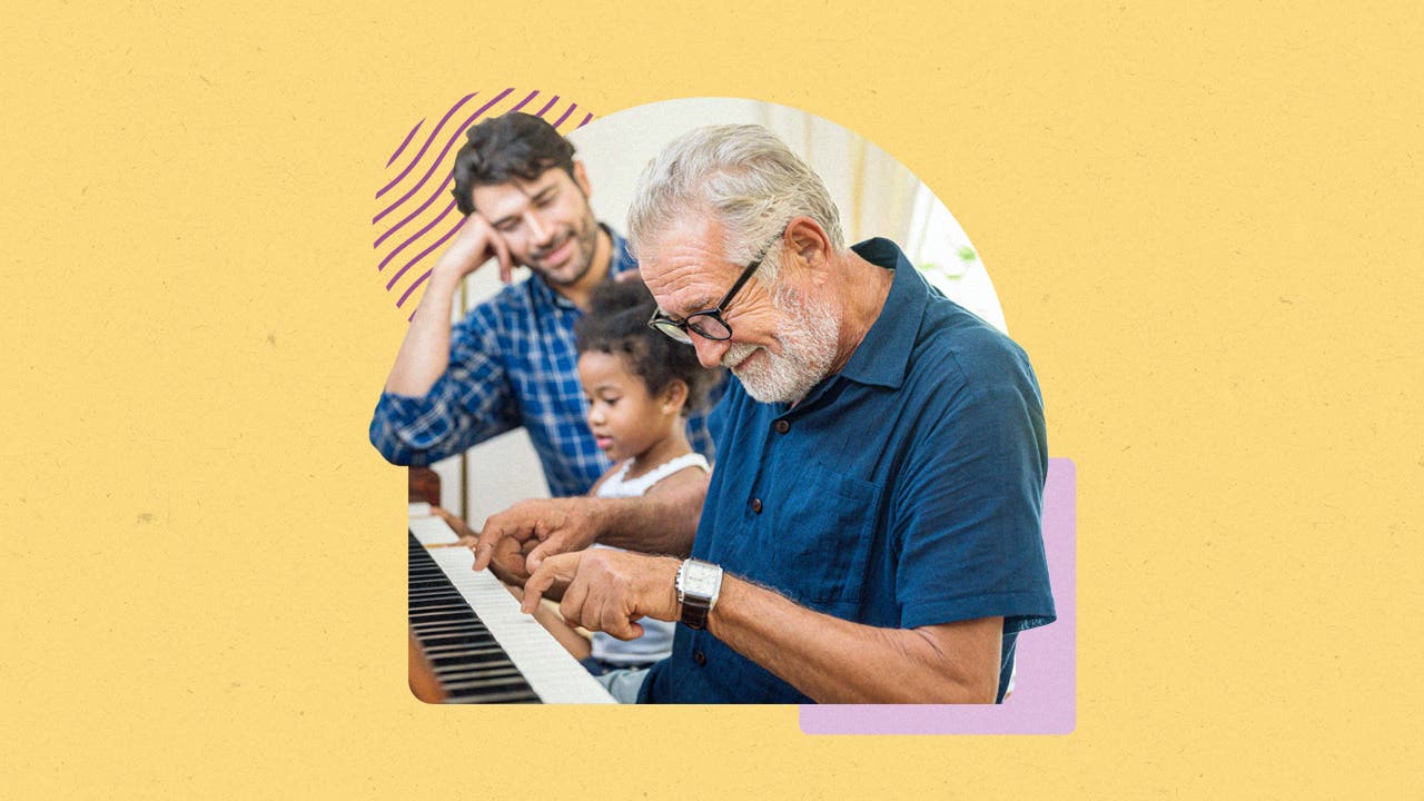 Older relative playing on piano while their adult descendant and grandchild look on smiling