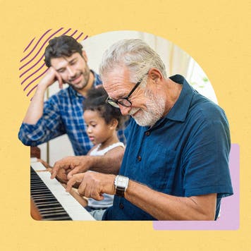Older relative playing on piano while their adult descendant and grandchild look on smiling