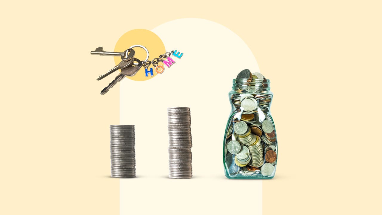 Illustrated collage featuring a set of keys and coins in a jar