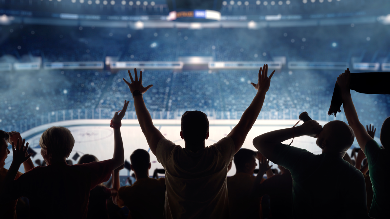 Hockey fans celebrating at a hockey game. We see their silhouettes and fans attributes