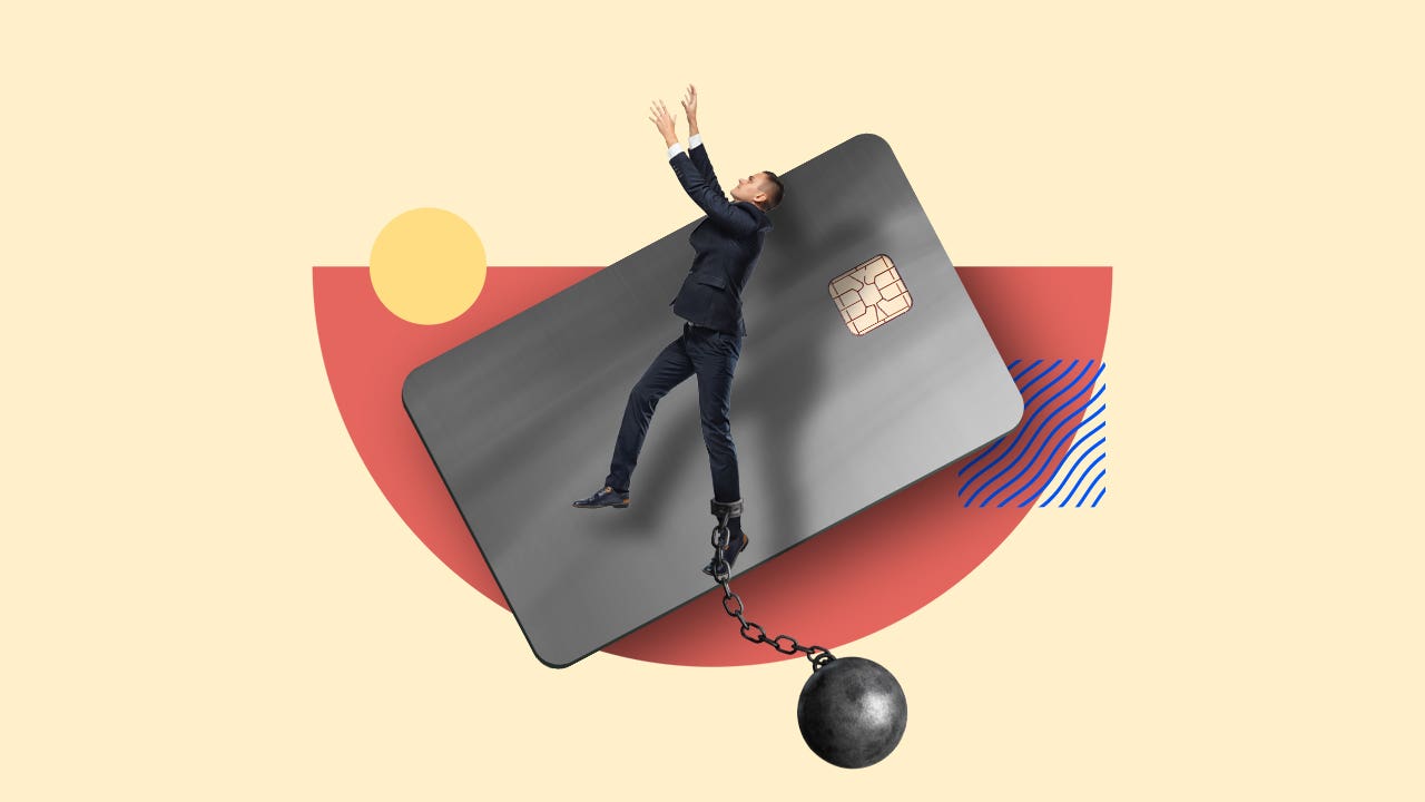 design image including a man with a ball chain attached to his ankle, mid-falling in the air