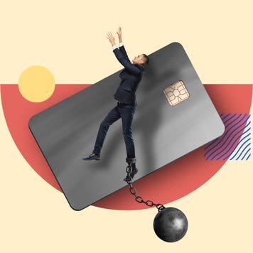 design image including a man with a ball chain attached to his ankle, mid-falling in the air