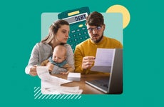 Illustrated collage featuring a couple and their infant child with a calculator that spells "Debt" in the background