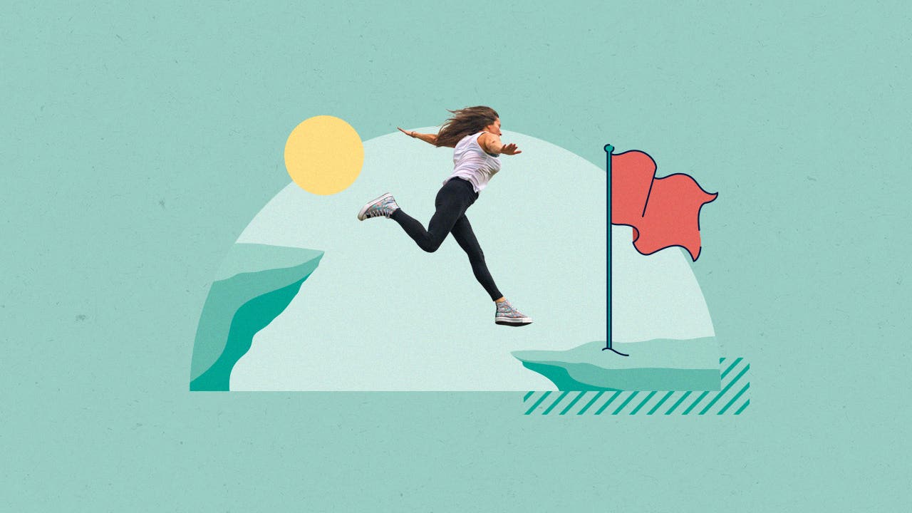 Illustrated collage featuring a woman leaping between two cliffs