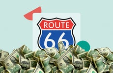 design image of many dollar bills and a route 66 sign