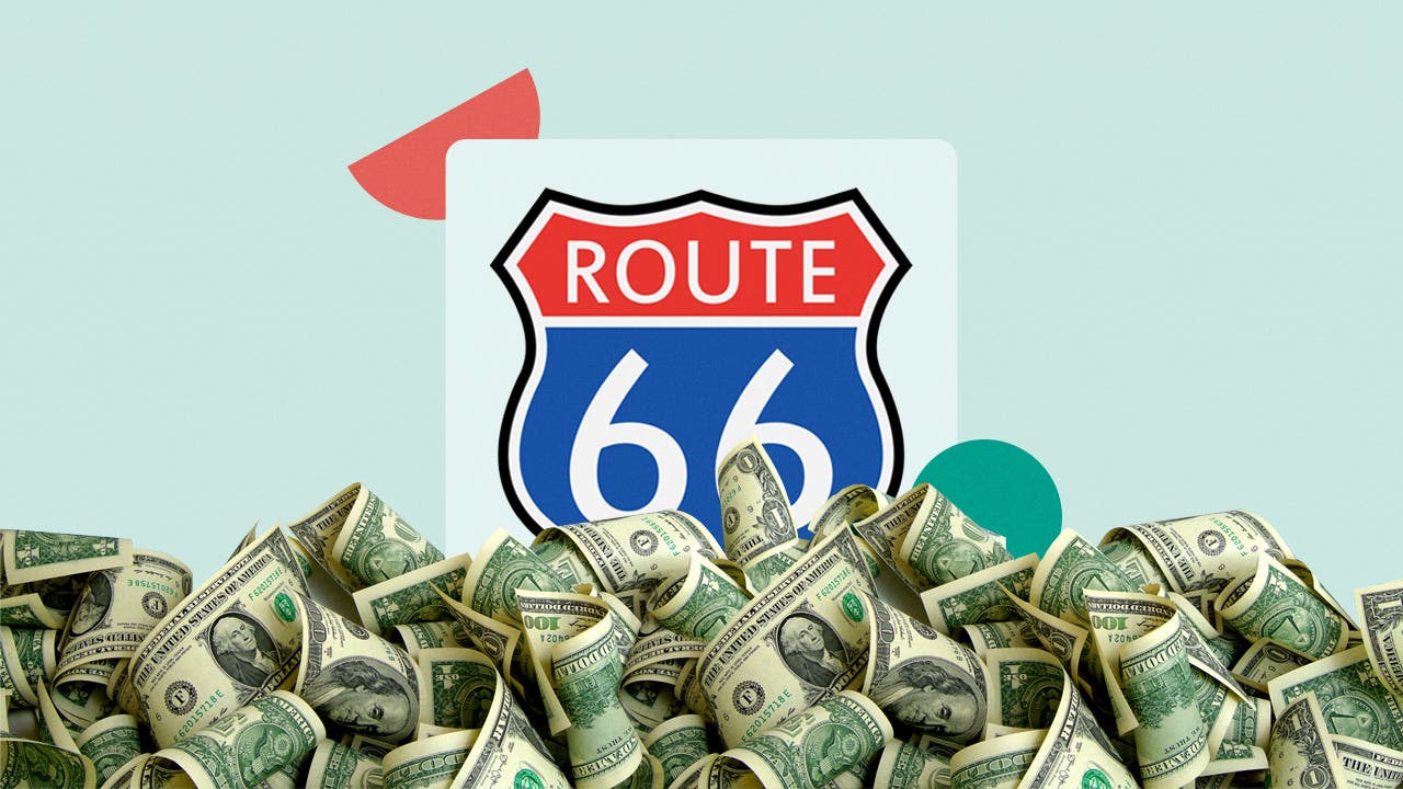 design image of many dollar bills and a route 66 sign