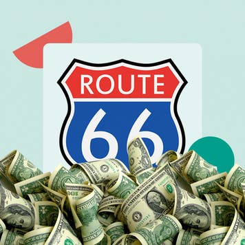 design image of many dollar bills and a route 66 sign