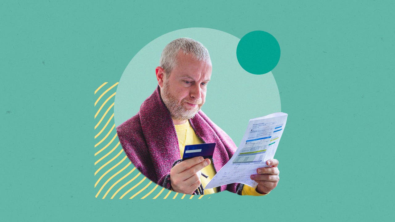 design image of an older white male holding a credit card and looking at a bill