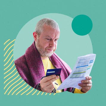 design image of an older white male holding a credit card and looking at a bill