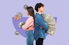 Woman and man standing back to back, spare coins on the side of the woman and large value bills on the side of the man