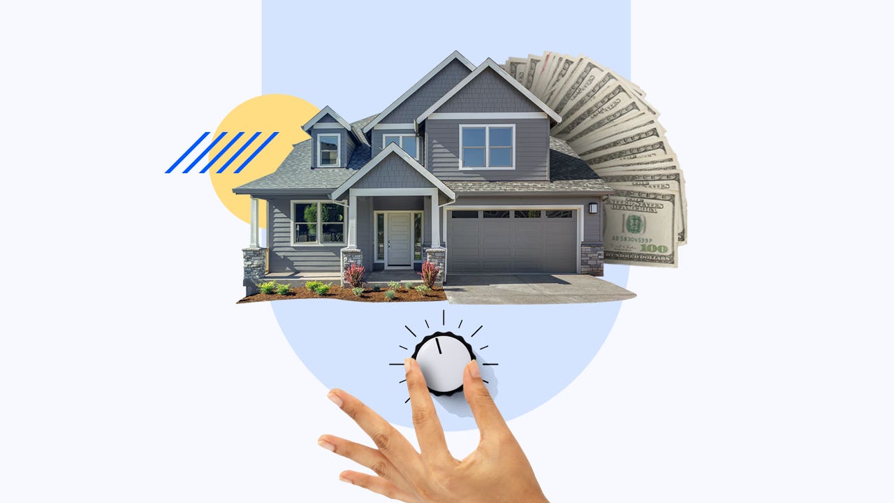 Closeup of a hand turning a dial with a house and a stack of cash in the background