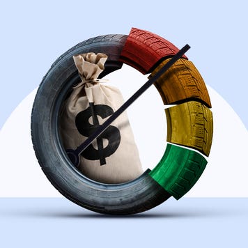Illustration of a money bag sitting in a tire. An empty gas meter is overlaid on the tire.