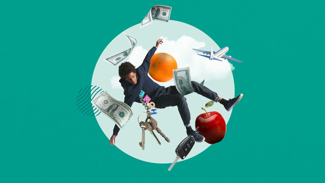 young man falling out of the sky along with various household items and cash