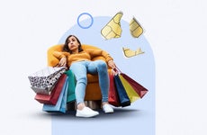 design element including a woman slouched on a cushion chair with shopping bags and a broken card chip in the air