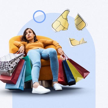 design element including a woman slouched on a cushion chair with shopping bags and a broken card chip in the air