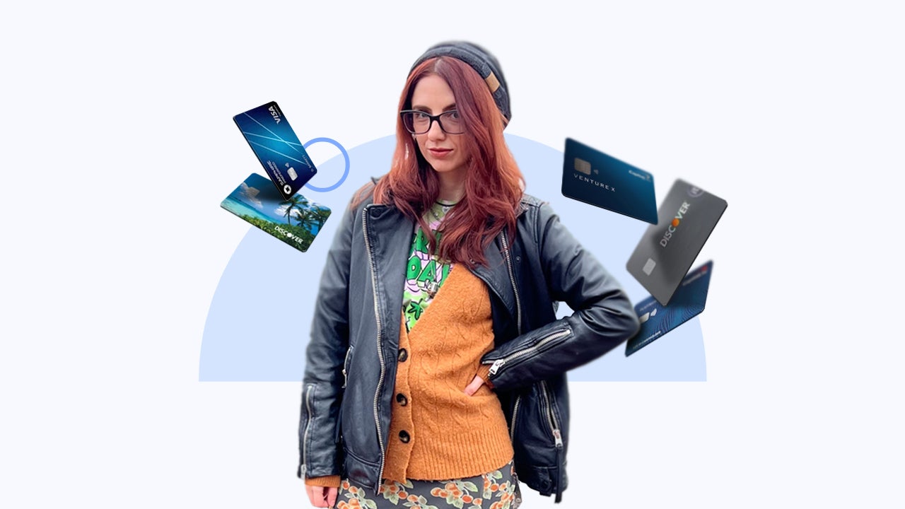 design element of Ana Staples surrounded by credit cards
