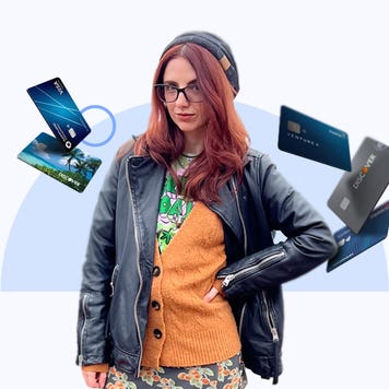 design element of Ana Staples surrounded by credit cards