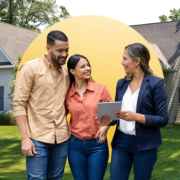 real estate agent showing a couple a listing on a tablet with yellow circle behind them