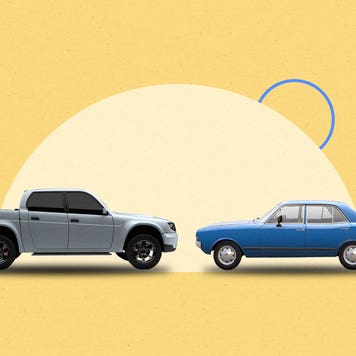 Comparison shot of a car and a truck facing each other