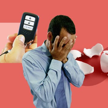 A frustrated Black man dressed in business casual clothes holds his head in his hands. Image is on top of a broken piggy bank and a close-up of a car key fob.