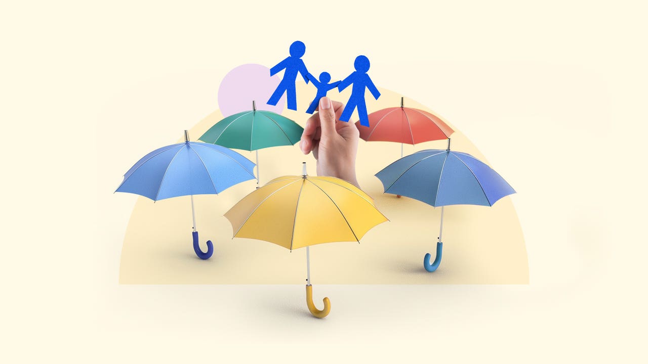 Visual representation of the security or 'umbrella' that life insurance provides; there are a bunch of multi-colored umbrellas with a hand holding up a 'family' of blue stick figures amidst them.