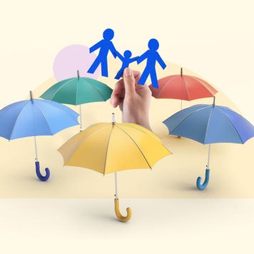 Visual representation of the security or 'umbrella' that life insurance provides; there are a bunch of multi-colored umbrellas with a hand holding up a 'family' of blue stick figures amidst them.