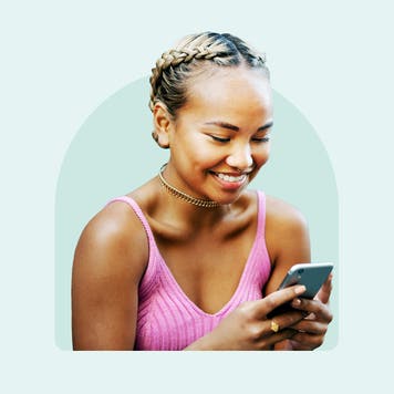 Design element with person holding cell phone an smiling.