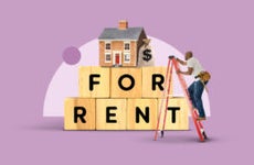 Illustrated collage featuring blocks that say: "For rent"