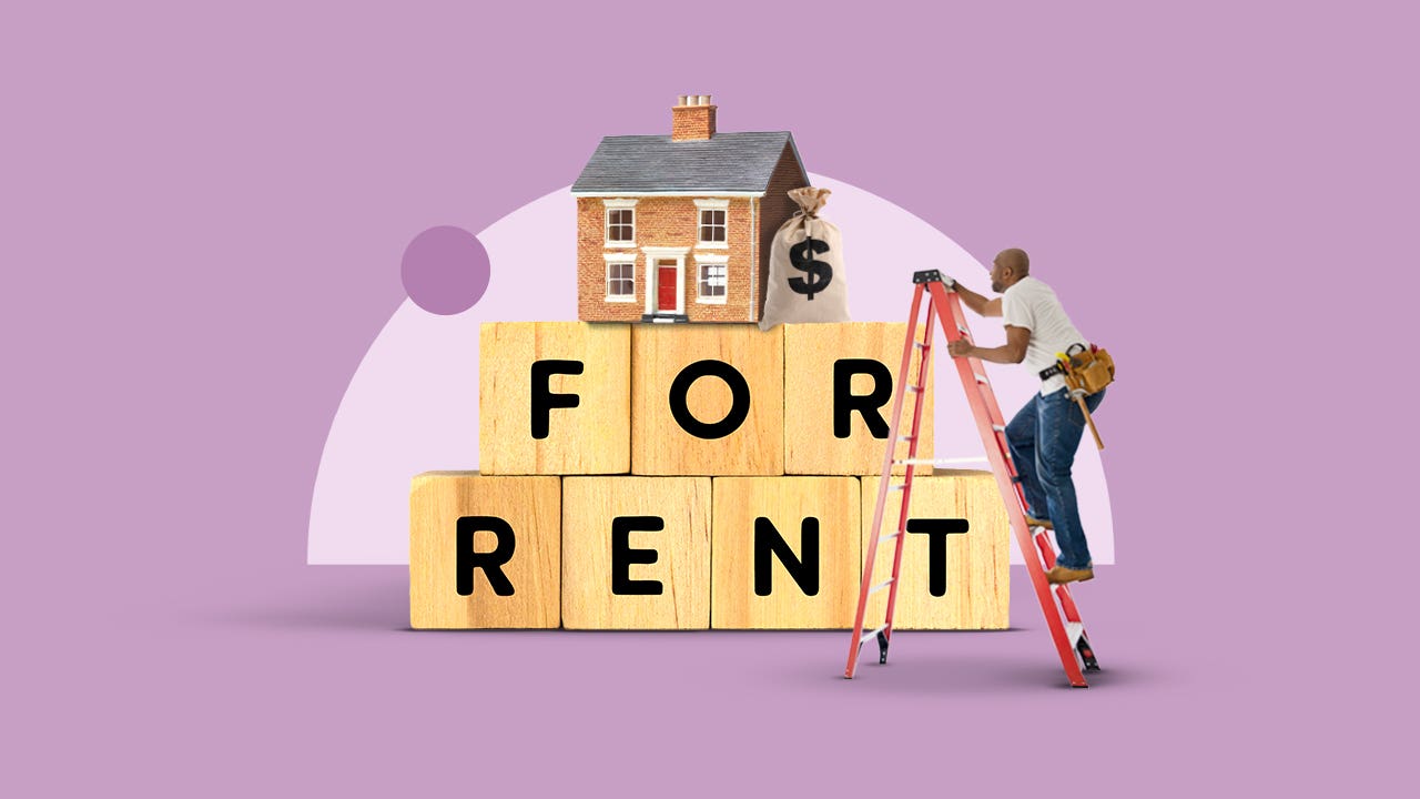 Illustrated collage featuring blocks that say: "For rent"