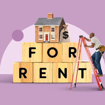 Illustrated collage featuring blocks that say: "For rent"