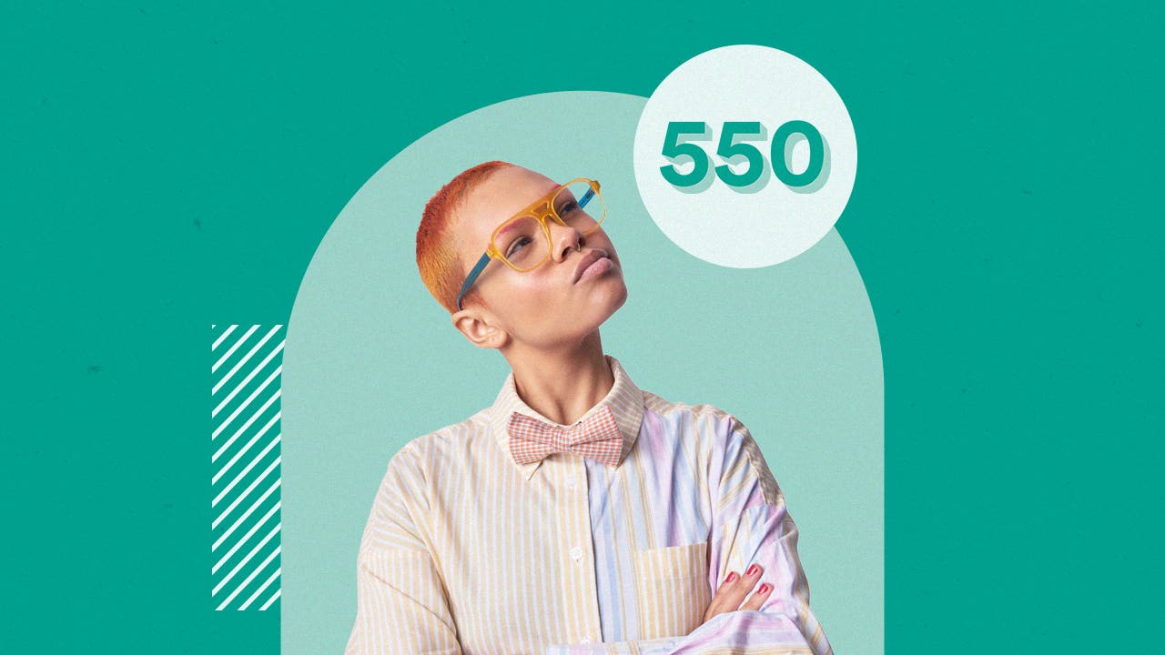 Woman looking up thoughtfully with an illustrated green background and a circle with "550" printed in the middle beside her