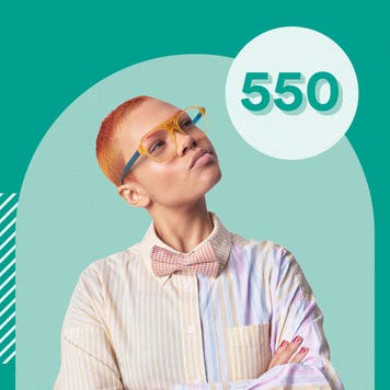 Woman looking up thoughtfully with an illustrated green background and a circle with "550" printed in the middle beside her