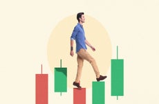comically depiction of man walking up a candlestick chart