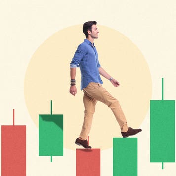 comically depiction of man walking up a candlestick chart
