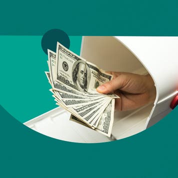 Illustrated collage featuring money in a mailbox